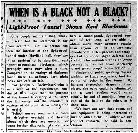 Newspaper clipping titled When is a Black Not a Black? describing the light-proof tunnel built under Haviland Hall