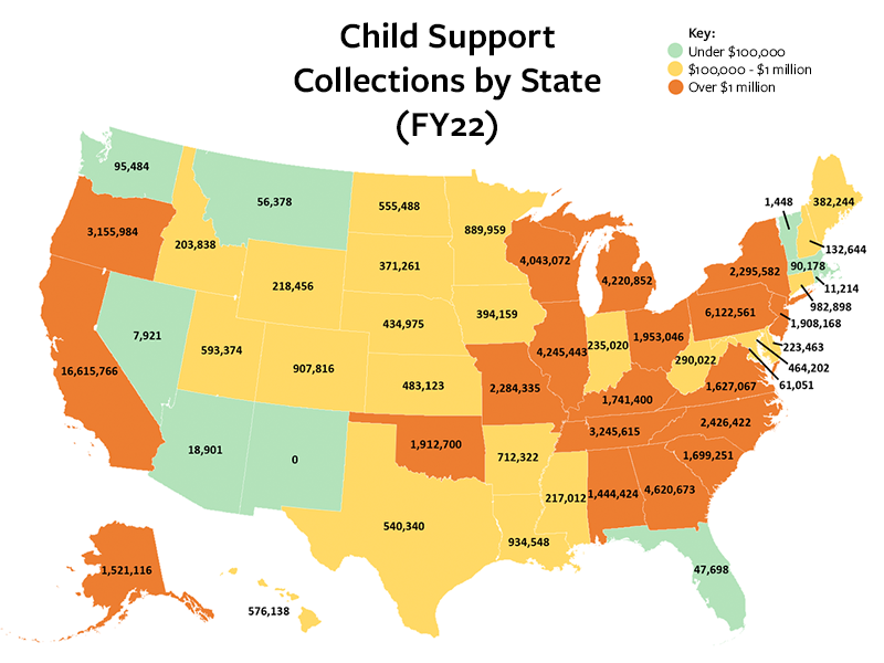 A map of the United States labeled with how much money each state collected for foster care in FY 2022