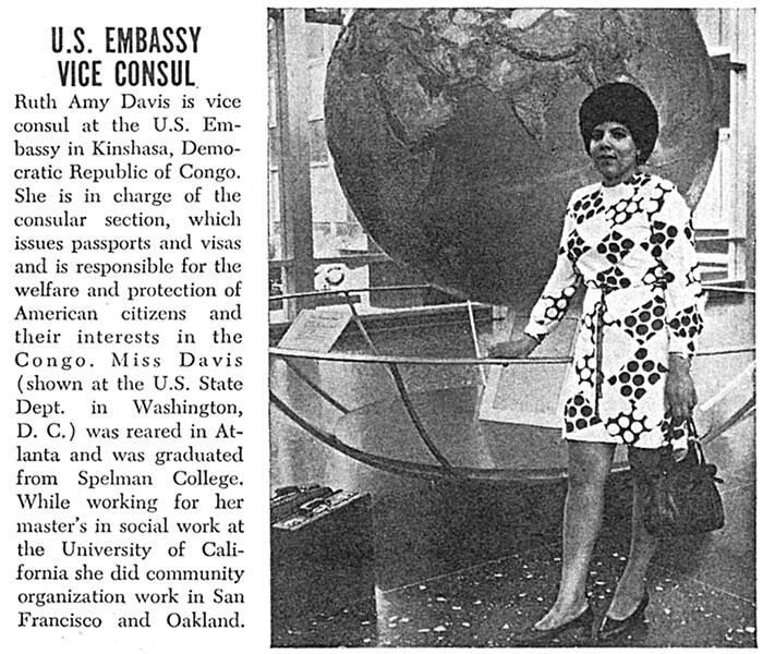 1970 magazine profile of Ruth A. Davis; photo shows her standing in front of a globe in the State Department building