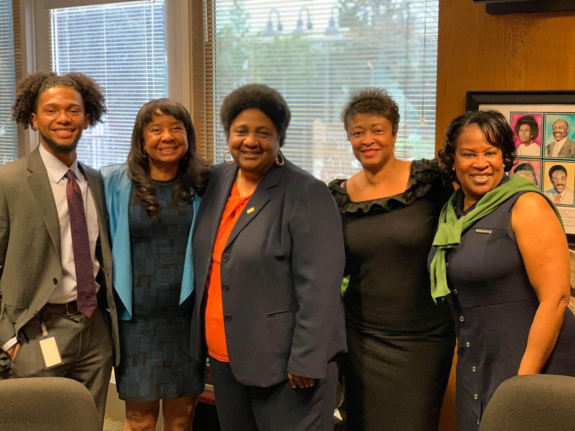 Cal alum Dominick Williams, Dean Linda Burton, Assemblymember Shirley Weber, Assistant Dean Beverly Thorpe, and Assistant Dean Veronica Alexander