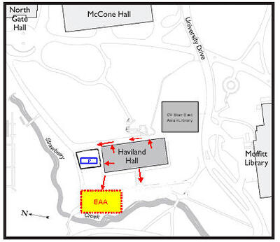 A map of the Haviland area of UC Berkeley campus with 3 building exits marked; the evacuation area is on the far north side of the Haviland Hall on the path leading to the bridge over Strawberry Creek (beyond the disabled parking lot)