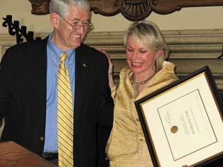 Mary Ann Mason receiving the Berkeley Citation from Chancellor Robert Birgeneau, 2007